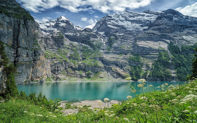 Mountain lake, spring, Svitzerland, Bernese Alps, Oeschinen Lake, Bernese Oberland, Oeschinensee, HD wallpaper