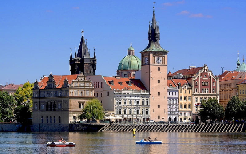 Prague, Czechia, river, Prague, houses, Czechia, clock, HD wallpaper