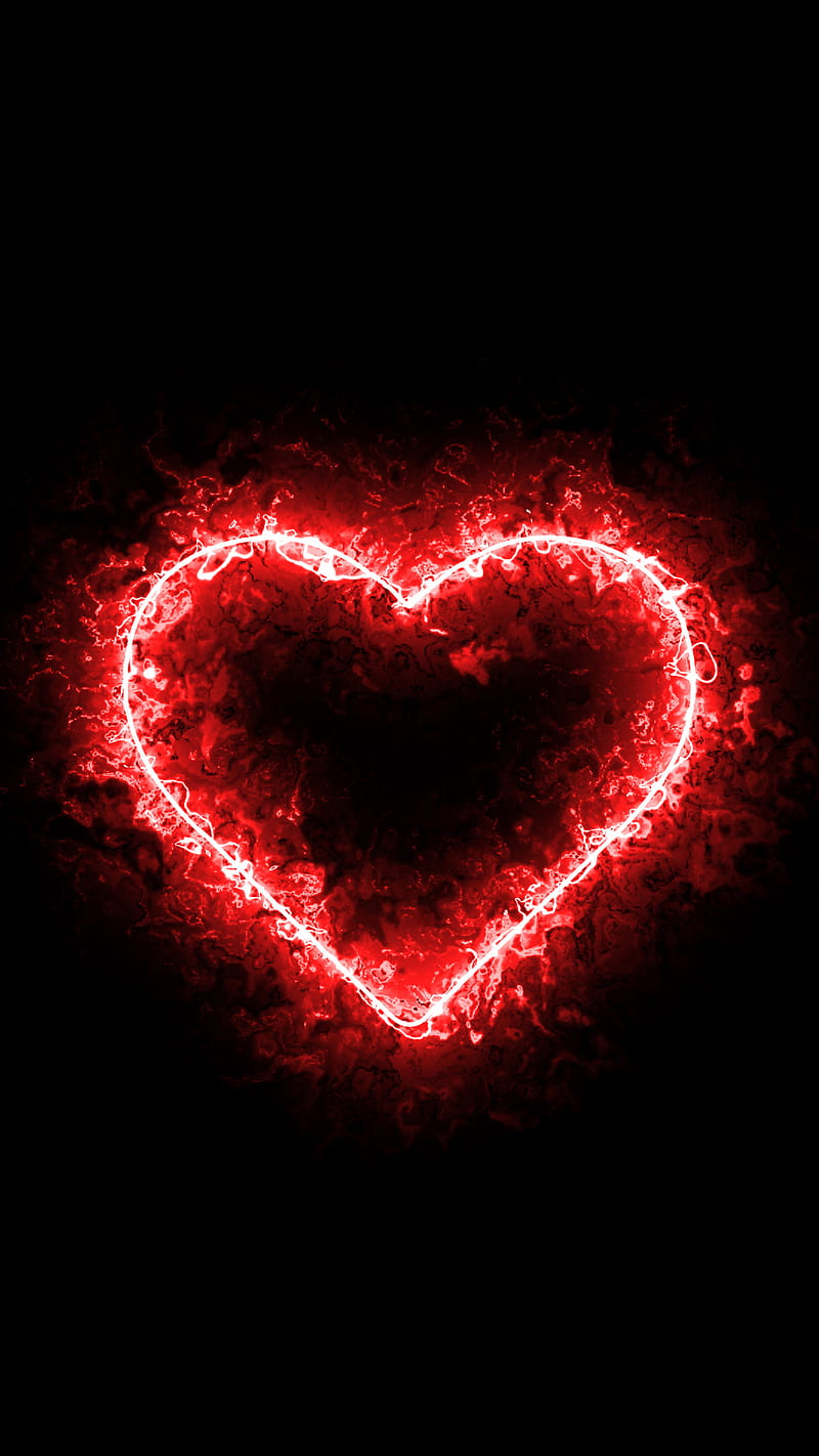 Neon Heart, 0010, abstract, effect, fire, glare, glow, light, love, red, HD phone wallpaper