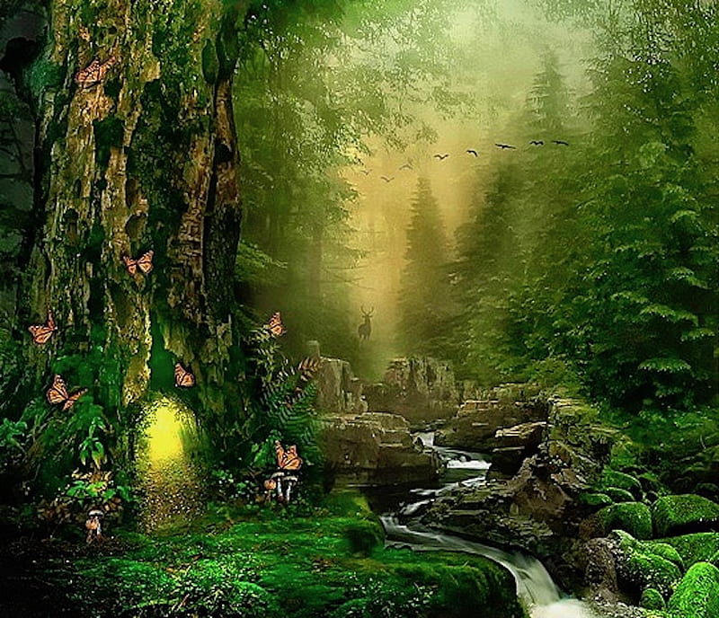 Fairy world, forest, colorful, art, lovely, fantasy, green, painting, magical, color, fairy, wood, HD wallpaper