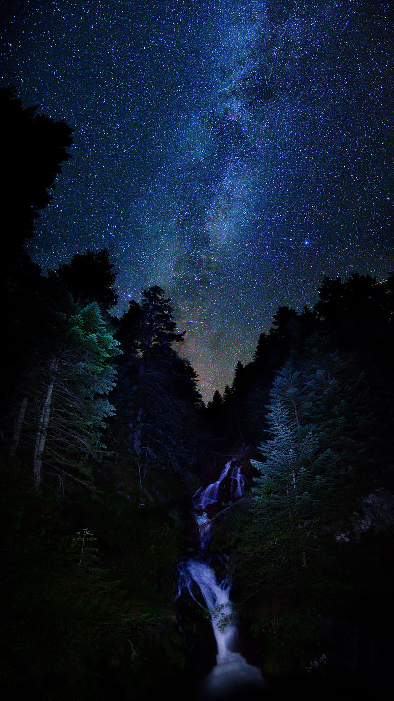 Donlope Villalobos, 5a5630r63, cold, galaxy, night, sky, starry, tree, water, waterfall, HD phone wallpaper