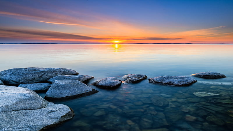 horizon, sunset, ocean, stones, orange sky, seascape, Landscape, HD wallpaper