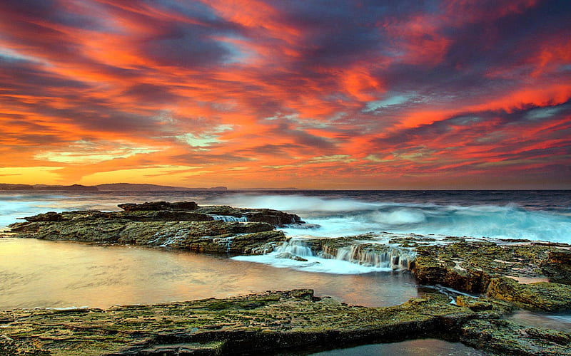 Sunset on Beach, Ocean, beach, Rocks, Sunset, HD wallpaper | Peakpx