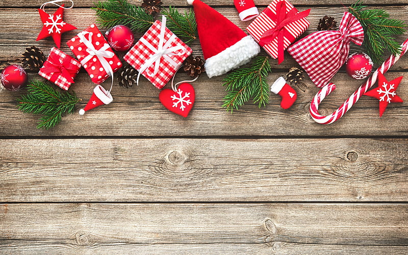 Christmas background, gifts, New Year, boxes with bows, wooden background, boards, Christmas, HD wallpaper