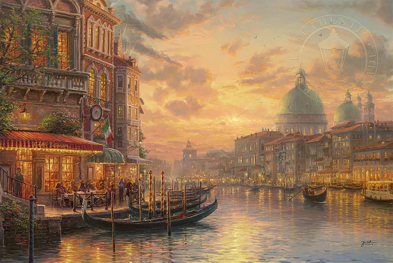 Venetian Cafe, thomas kinkade, art, boat, water, venetia, painting, pictura, venice, HD wallpaper
