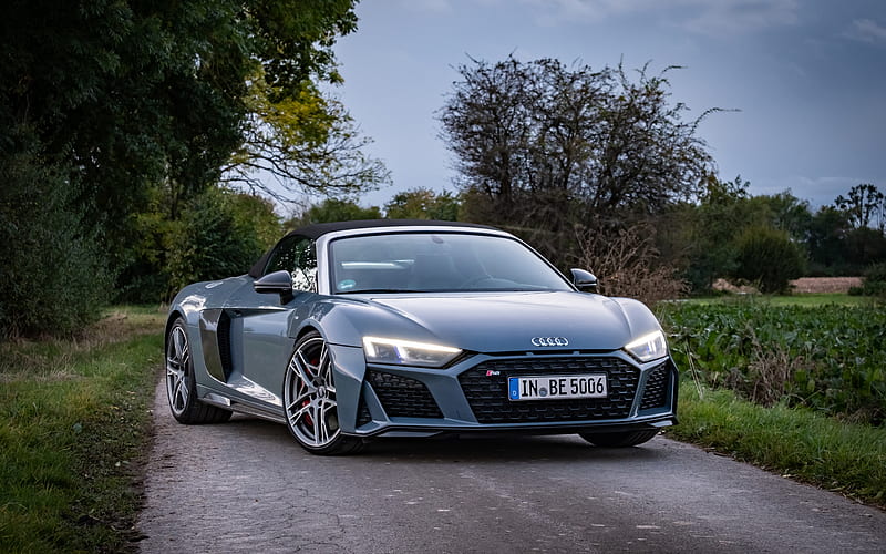 Audi R8 Spyder, 2021, front view, exterior, gray coupe, new gray R8 Spyder, german sports cars, Audi, HD wallpaper