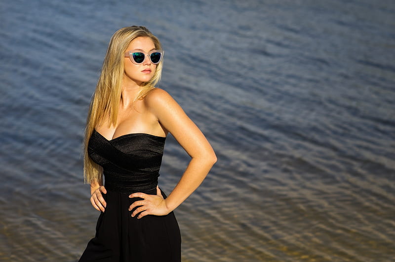 Beautiful Model Ri Hane, Model, Water, Black Dress, Sunglasses, HD wallpaper