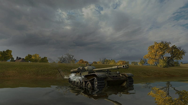 World Of Tanks Tank On Water With Bakground Of Small Green Grass Hill And Cloudy Sky World Of Tanks Games, HD wallpaper