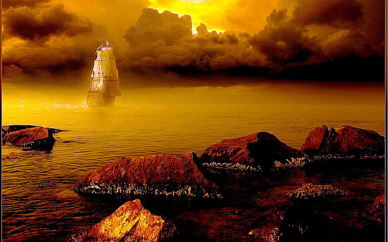 SAILING in BAD WEATHER, stones, ship, clouds, storm, sea, HD wallpaper