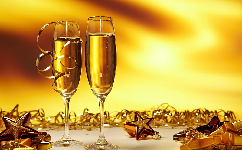 new year, two glasses with champagne gold, gold, two, glasses, new, champagne, year, HD wallpaper