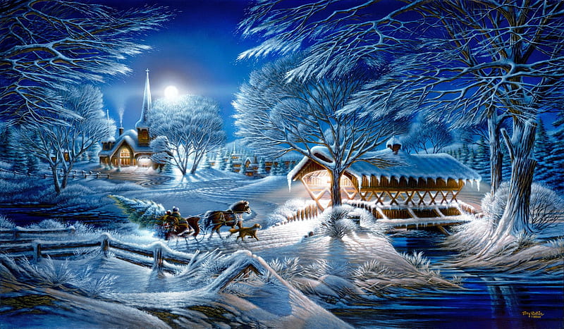 Evening frost, dusk, bonito, lights, cold, countryside, bridge, painting, village, evening, frost, art, winter, lake, snow, ice, moonlight, peaceful, walk, HD wallpaper