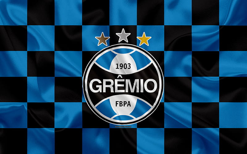 Gremio FC logo, creative art, blue black checkered flag, Brazilian football club, Serie A, emblem, silk texture, Porto Alegre, Brazil, HD wallpaper