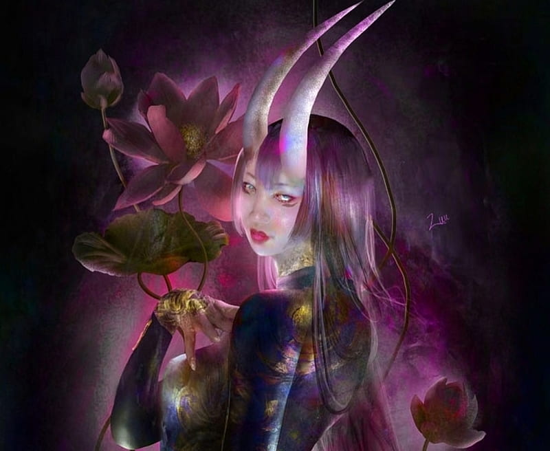 Kokujihi, fantasy, demon, luminos, girl, shasmy, black, pink, horns, HD wallpaper