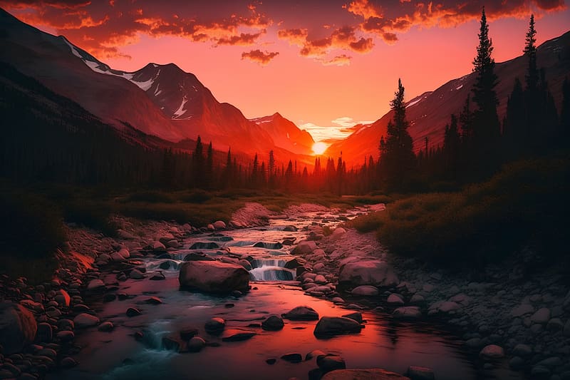 Sunset of the rocky Mountains of Canada, Valley, Nature, Sunset, River, HD wallpaper