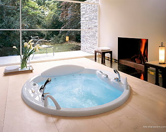 Luxury jacuzzi in the house with a beautiful view of nature, interior Stock  Illustration