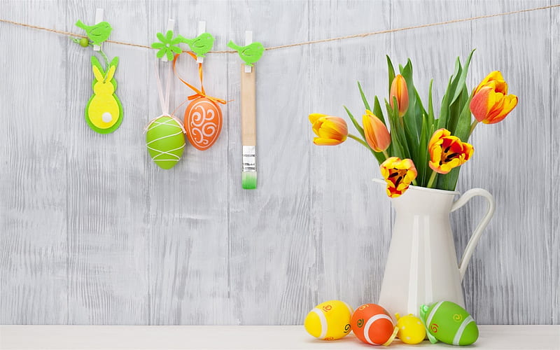 Easter, Easter decoration, tulips, spring bouquet, easter eggs, HD wallpaper