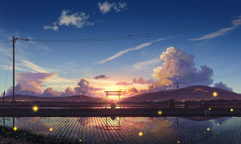 Anime girl, horizon, landscape, clouds, sunset, Anime, HD wallpaper