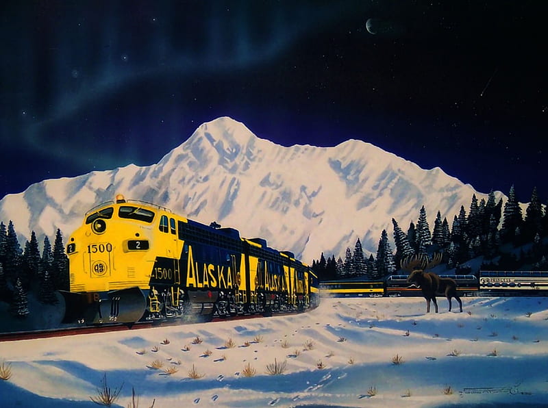 Alaskan Memories, railroad, art, locomotive, bonito, illustration, artwork, winter, train, snow, engine, painting, wide screen, tracks, HD wallpaper