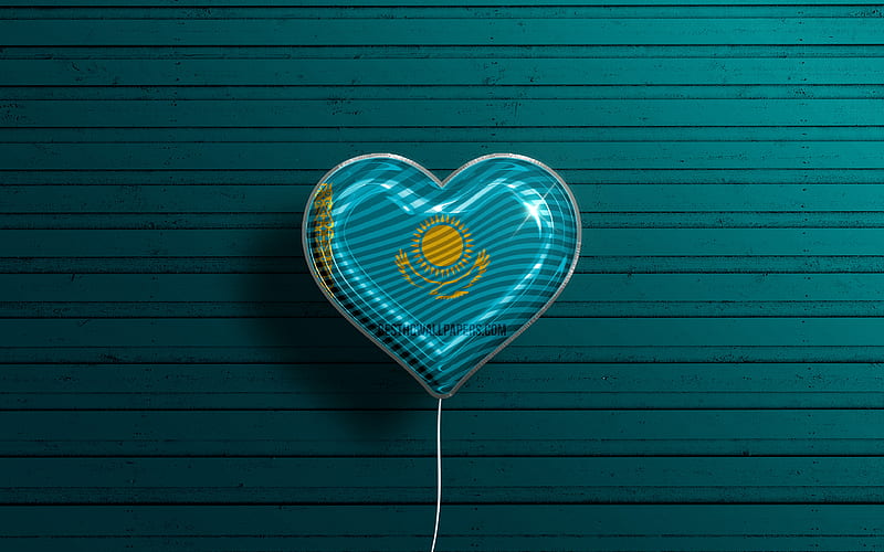 I Love Kazakhstan realistic balloons, blue wooden background, Asian countries, Kazakh flag heart, favorite countries, flag of Kazakhstan, balloon with flag, Kazakh flag, Kazakhstan, Love Kazakhstan, HD wallpaper