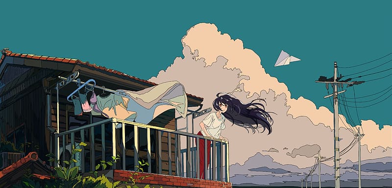Anime, Cloud, Original, Paper Plane, Blue Hair, Long Hair, Telephone Pole, HD wallpaper