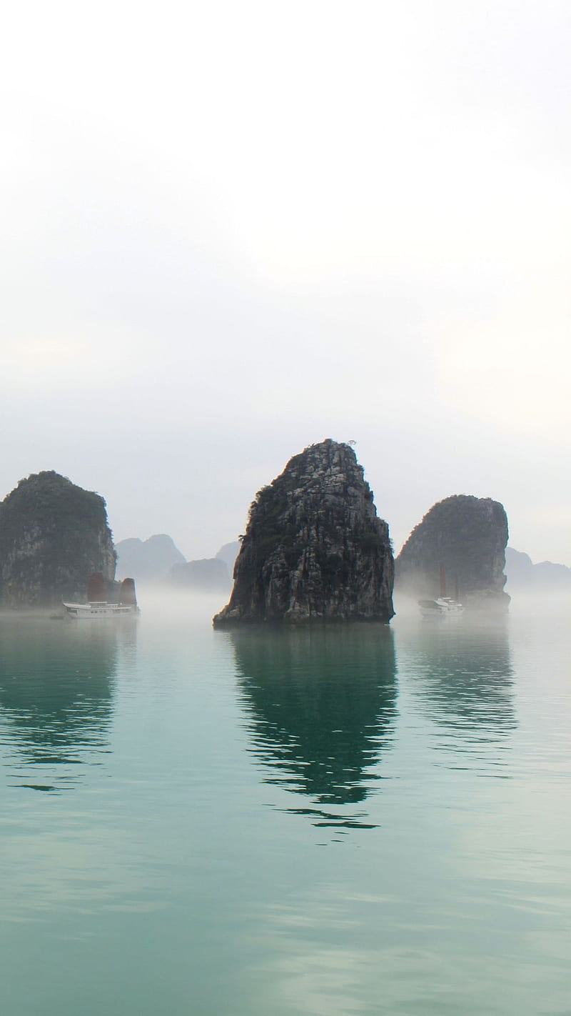 Halong Bay, fog, islands, vietnam, water, HD phone wallpaper
