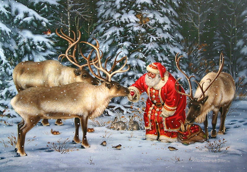 Santa and his deers, forest, lovely, christmas, holiday, bonito, trees, snowy, santa claus, mood, winter, cold, snow, nature, deers, frost, HD wallpaper
