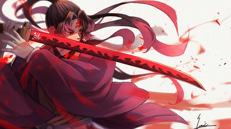 demon slayer yoriichi tsugikuni on side with a red sword with background of white and red anime-, HD wallpaper