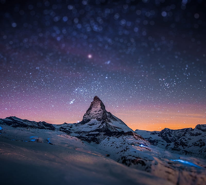 mountain, night, sky, peak, stars, snow, light, galaxy, HD wallpaper