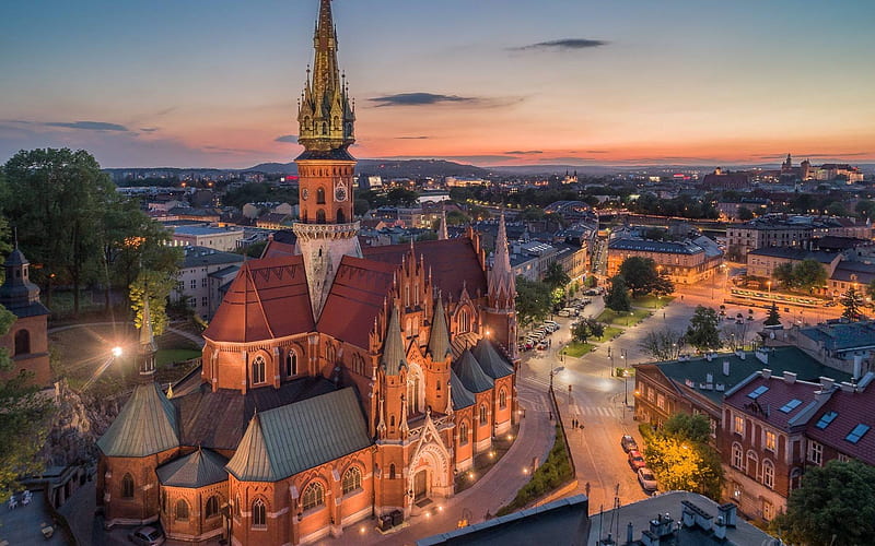 St. Joseph's Church in Krakow, Poland, city, Poland, Krakow, evening, church, HD wallpaper