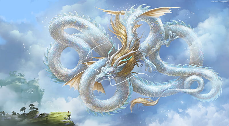 Pearl dragon, dragon, svetlana lazogreeva, pearl, fantasy, luminos, blue, HD wallpaper
