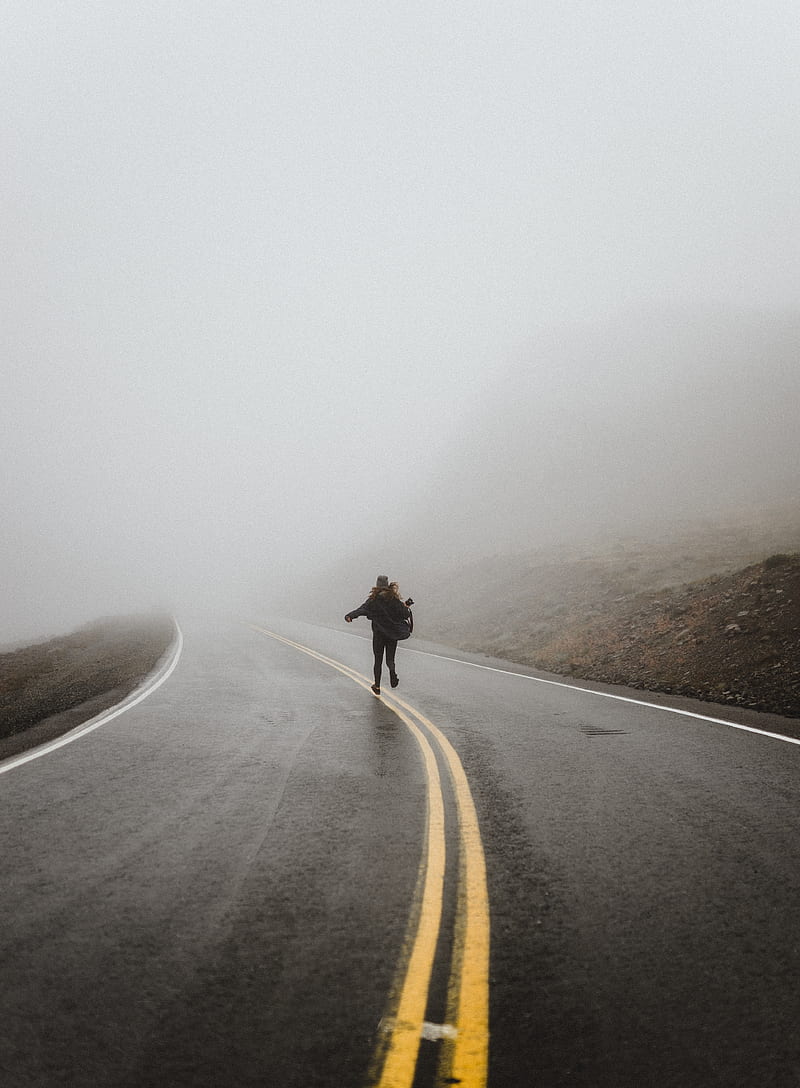 silhouette, fog, road, run, lonely, loneliness, HD phone wallpaper