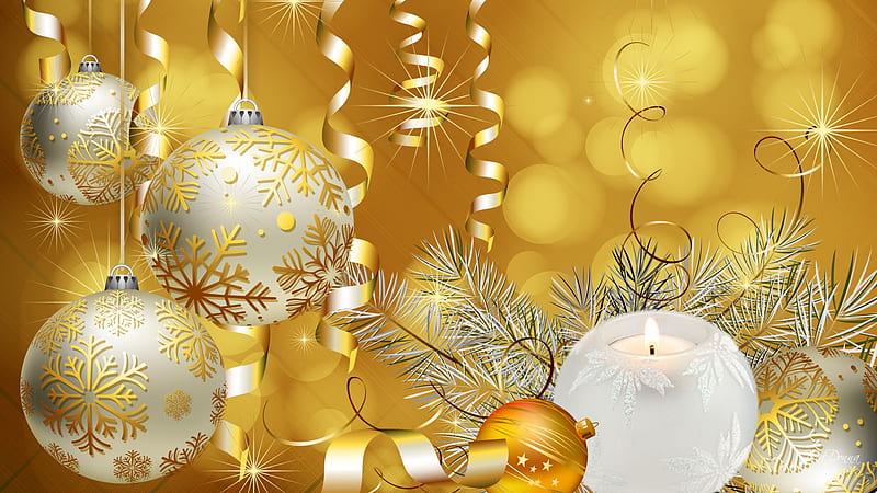 Christmas Gold, candle, stars, feliz navidad, christmas, tinsel, bokeh, gold, flame, balls, streamers, decorations, bright, light, HD wallpaper