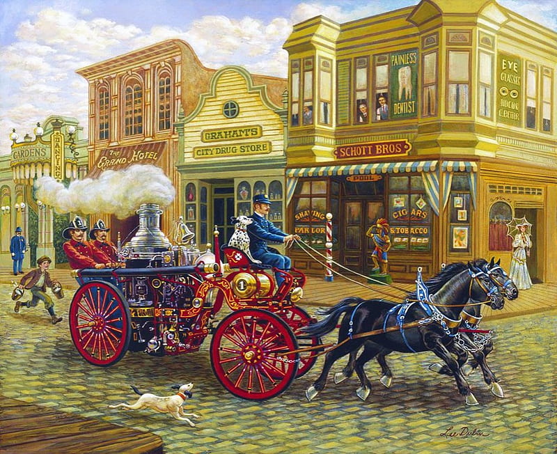 Help is on the Way, fire brigade, town, cart, artwork, horses, painting, cobblestone, street, dogs, HD wallpaper