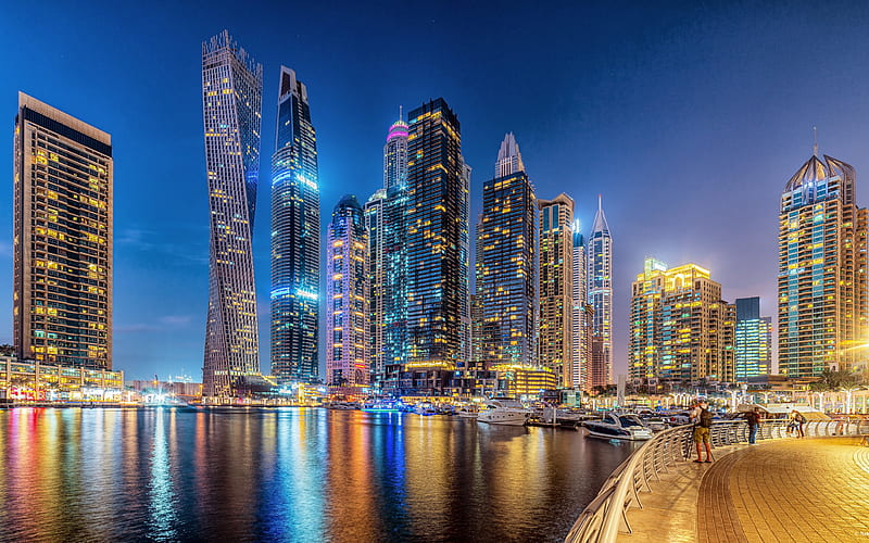 Dubai, evening, skyscrapers, modern buildings, cityscape, Dubai Marina, UAE, HD wallpaper