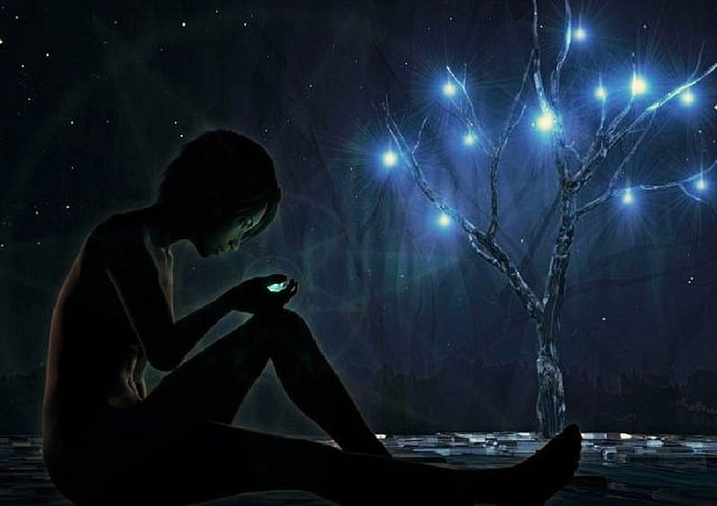 'Let the little light shine'......, mystical, tree, girl, dark, magical, lights, night, HD wallpaper