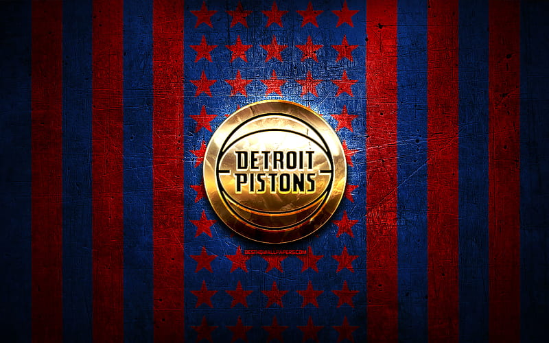 Detroit Pistons flag, NBA, red blue metal background, american basketball club, Detroit Pistons logo, USA, basketball, golden logo, Detroit Pistons, HD wallpaper