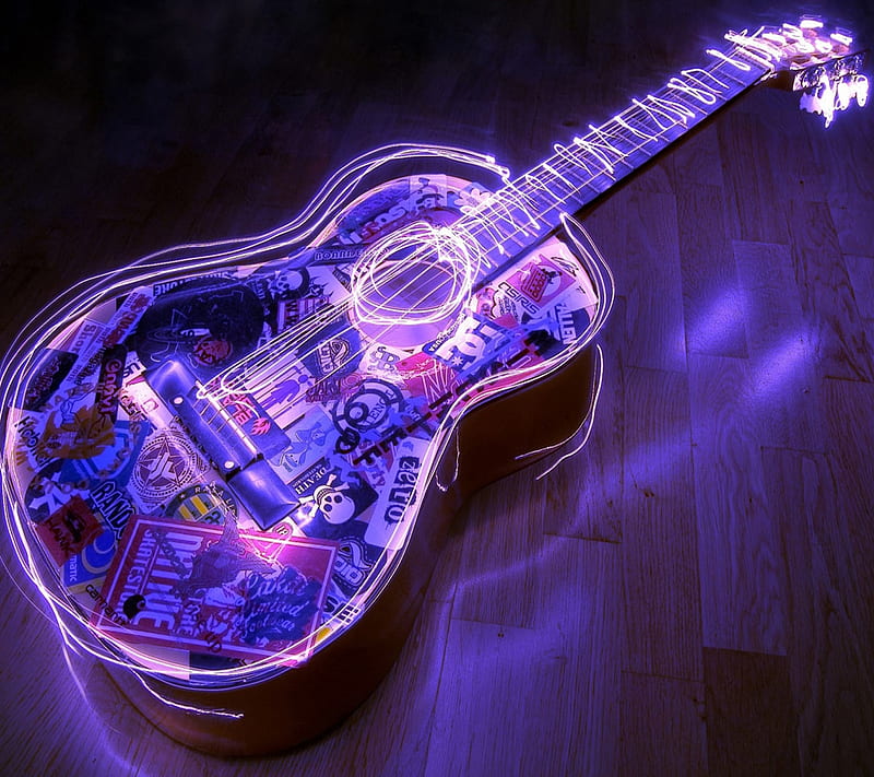 Guitar, acoustic, lights, music, purple, rock, wood, HD wallpaper