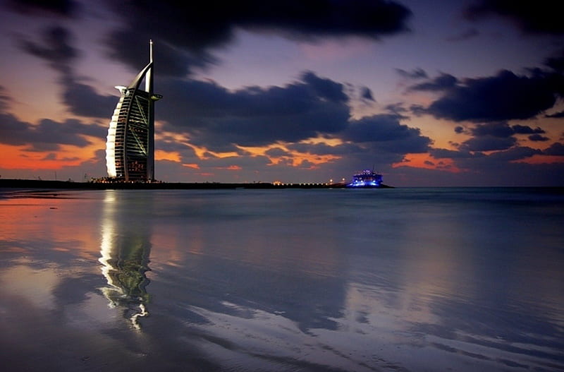 Dubai Skyline, Dubai, Skyline, Burj Al Arab 7, reflection, HD wallpaper