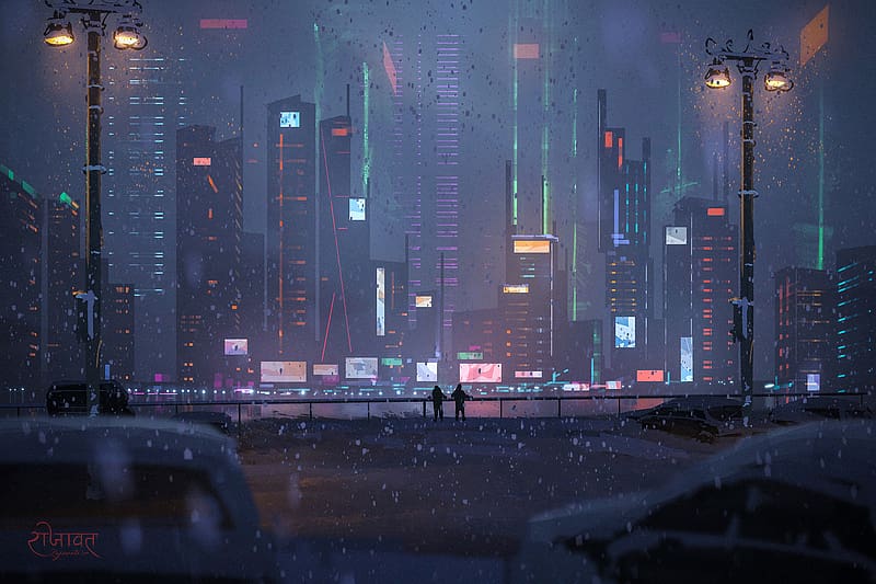 Winter, Night, Cyberpunk, Cityscape, Sci Fi, HD wallpaper