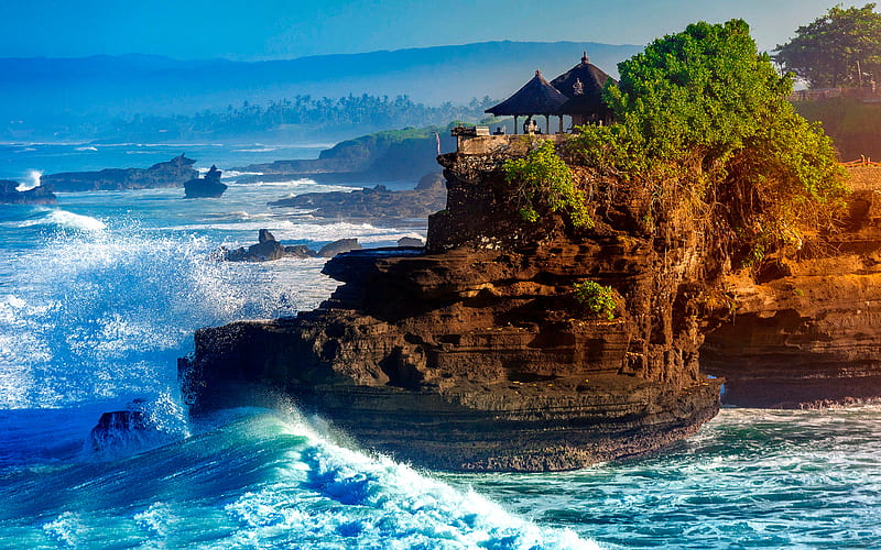 Tanah Lot Temple, temple, sea, waves, Bali, Indonesia, Pura Tanah Lot, HD wallpaper