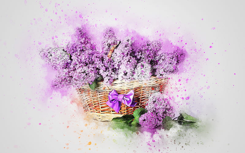 Lila, flores de primavera, arte, lila pintado, canasta con flores, acuarela,  Fondo de pantalla HD | Peakpx