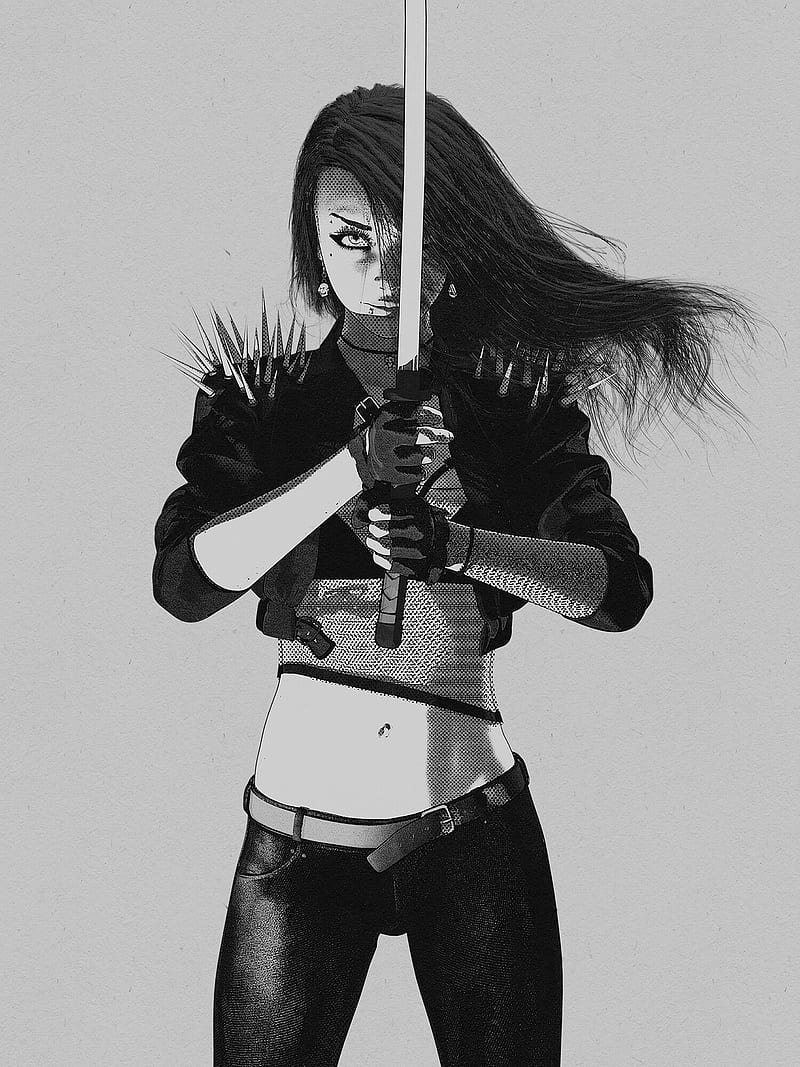 artwork, women, monochrome, sword, girls with swords, standing, drawing, simple background, looking at viewer, bare midriff, long hair, screen shot, HD phone wallpaper