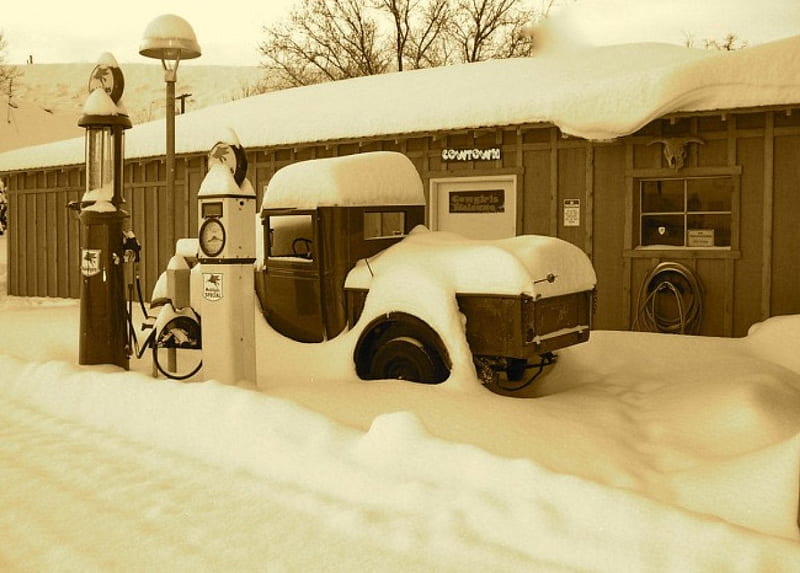Jake's Never Snowed In ..How Bout' You?.., fantasy, snow, buildings, trucks, gas station, winter, HD wallpaper