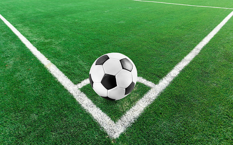 soccer ball, corner of a football field, green soccer turf, football concepts, stadium, HD wallpaper