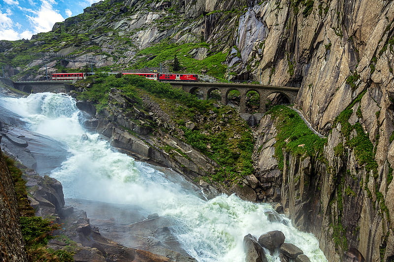Train in the Swiss Alps, waterfall, nature, train, mountains, HD wallpaper