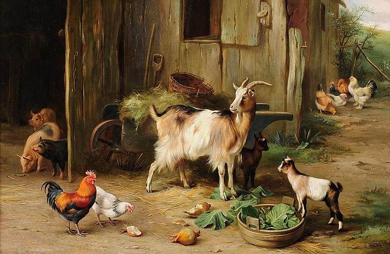 By Edgar Hunt, farm, hen, art, pig, painting, edgar hunt, HD wallpaper