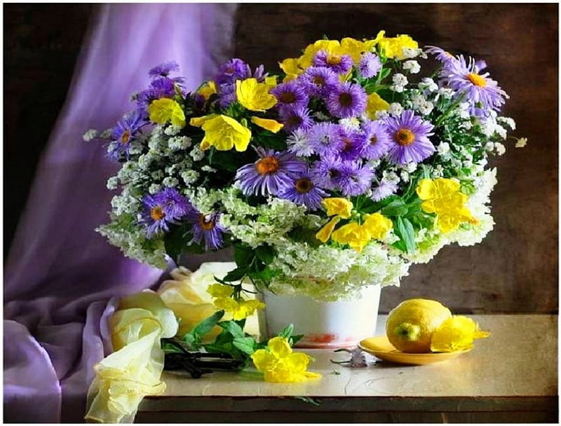 Flowers, colorful, yellow, vase, mixed, lemon, fruit, still life, purple, colored, nature, flowering, HD wallpaper