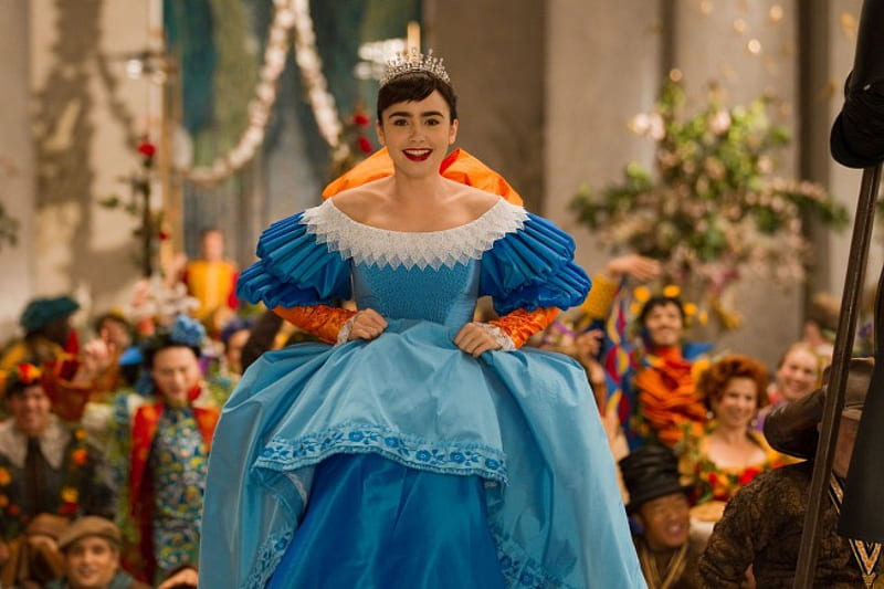Lily Collins as Snow White, dress, movie, snow white, mirror mirror, yellow, smile, woman, girl, actress, crown, lily collins, beauty, princess, blue, HD wallpaper