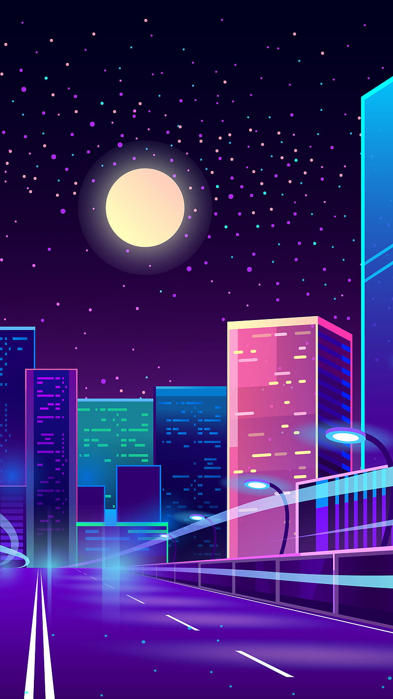 80s City Scape, Kiss, blue, dark, highway, moon, pink, purple, scene, skyscrapers, stars, street, HD phone wallpaper