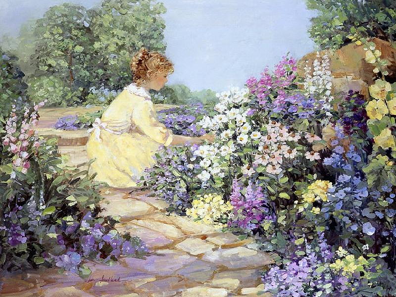 Picking Flowers from the Garden, dress, young lady, rock, painting, flowers, cobblestones, garden, trees, HD wallpaper